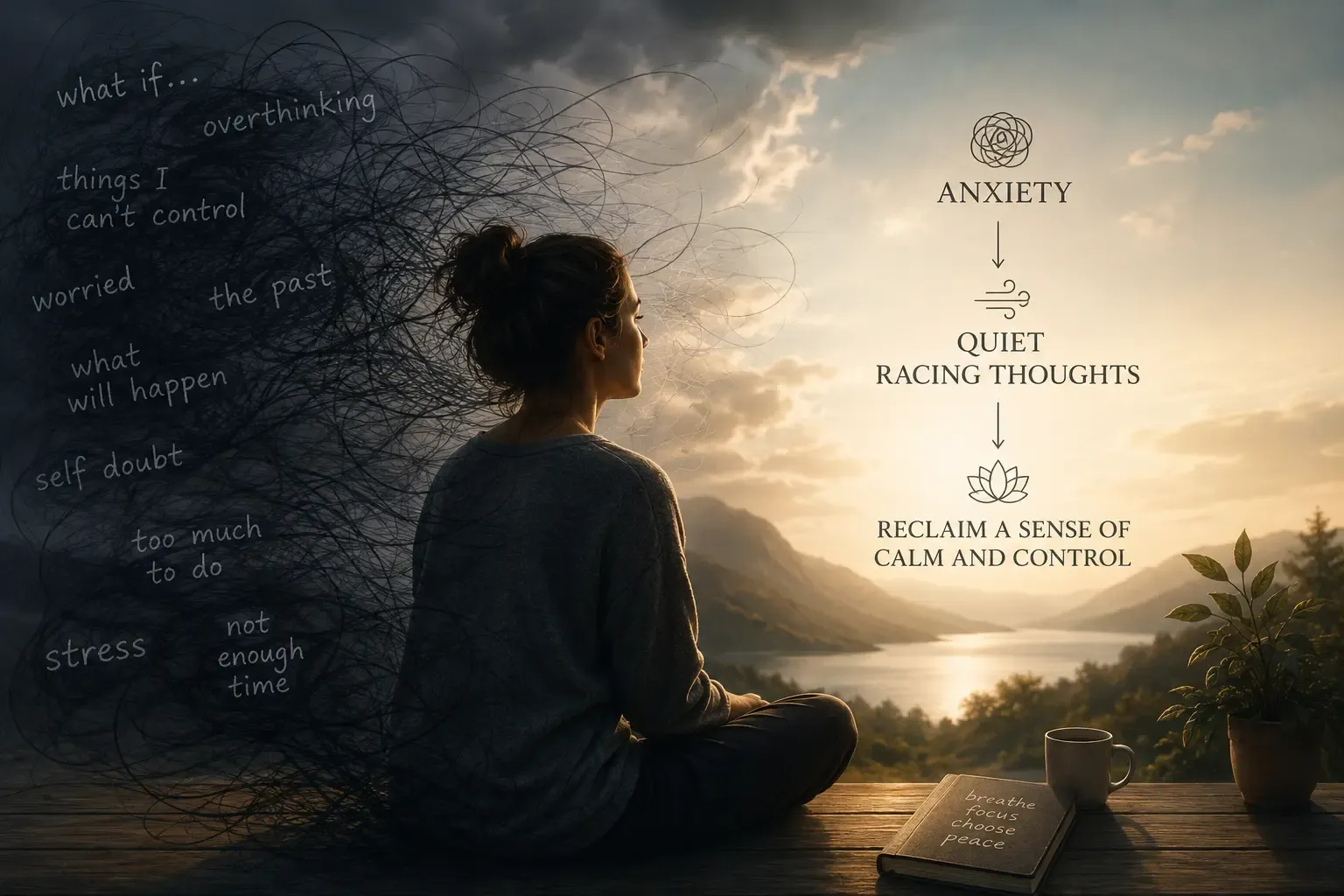 A calm, peaceful scene representing anxiety counseling and relief from racing thoughts