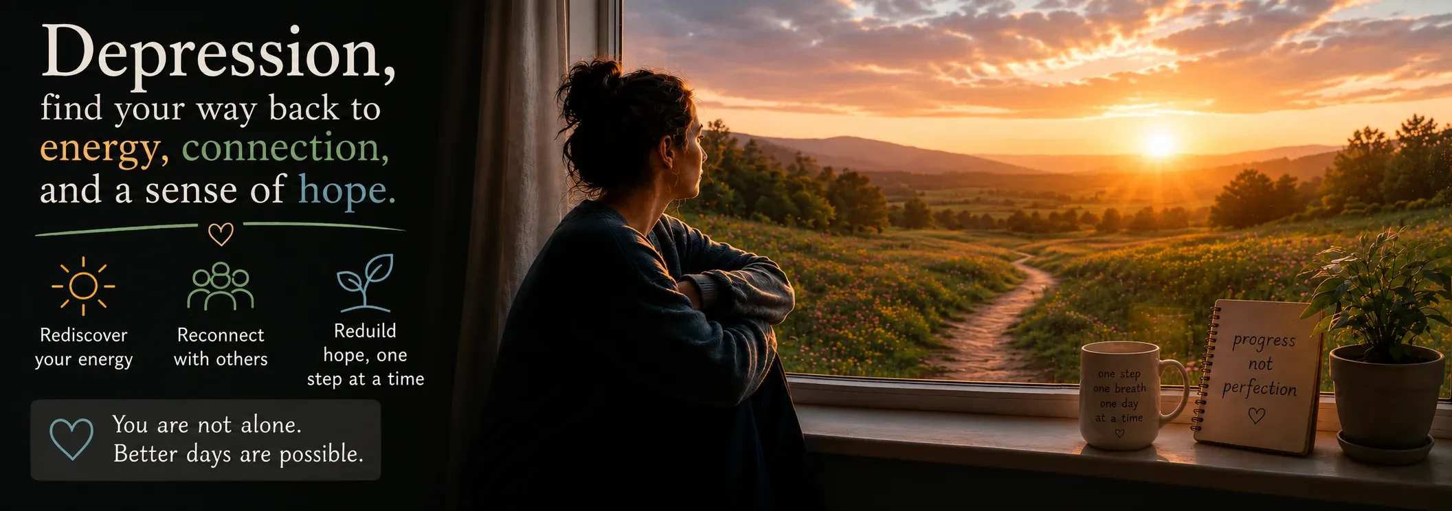 A hopeful, light-filled scene representing depression counseling