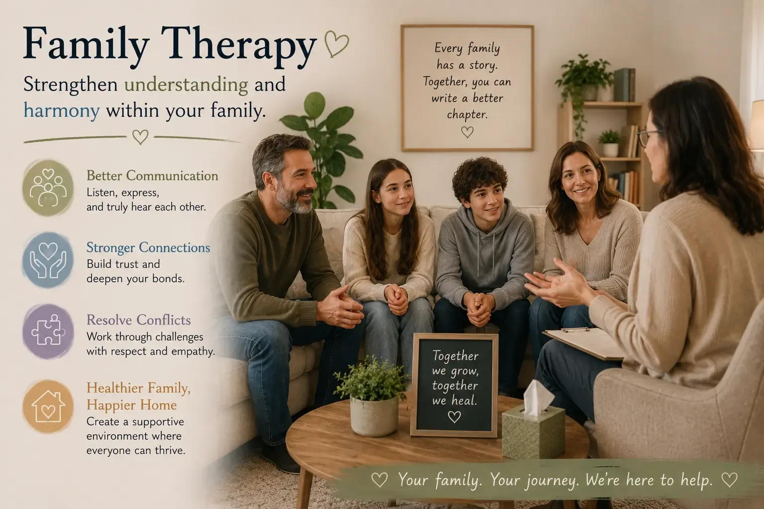 A close, connected family representing family therapy