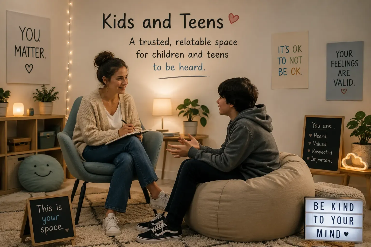 A warm, welcoming space representing counseling for children and teens