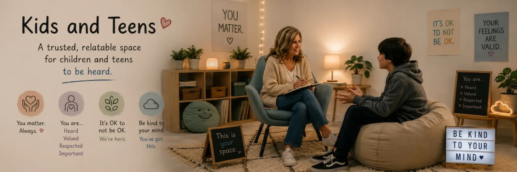 A warm, welcoming space representing counseling for children and teens